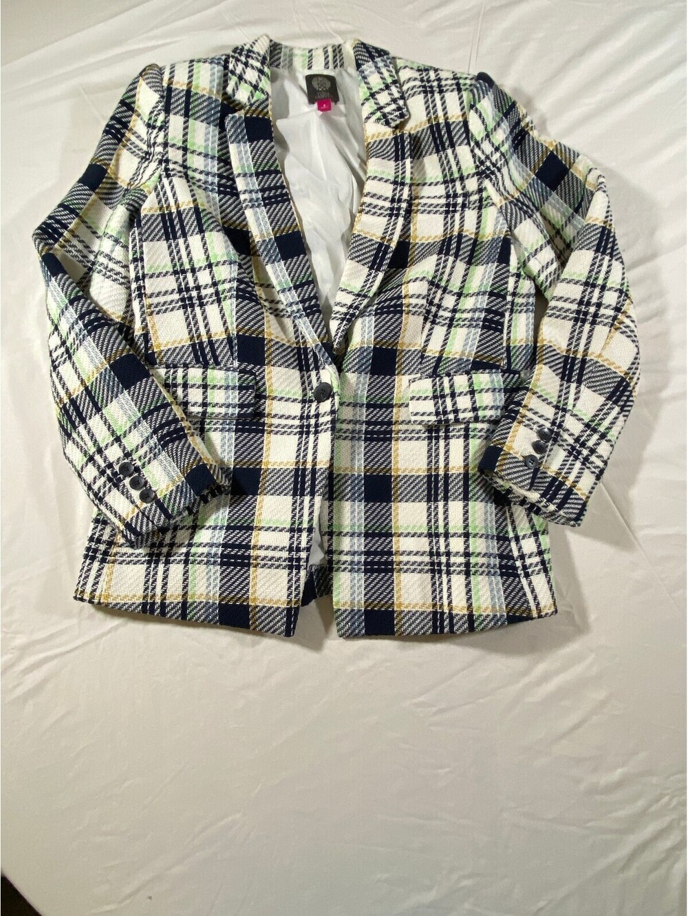 Vince Camuto Plaid Blazer Womens 8 Cotton One Button Lined Career Jacket